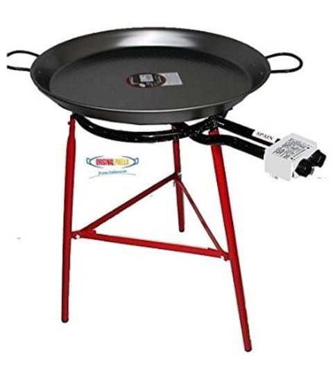 PAELLA COOKING SET with 70cm POLISHED STEEL PAELLA PAN, GAS BURNER, LEGS and SKIMMING SPOON image